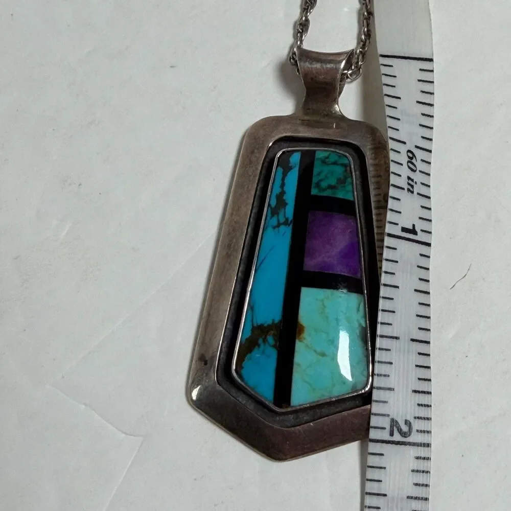 Sterling Silver Southwest Inlay Pendant Necklace Turquoise Sugilite 24
